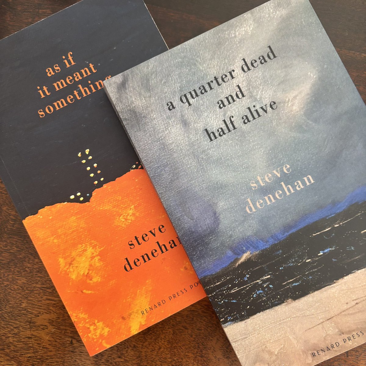 A very happy #publicationday to <a href="/SteverinoD/">Steve Denehan</a>, whose beautiful new collection A Quarter Dead and Half Alive is officially out today 💙 

renardpress.com/books/a-quarte…

Perhaps a timely poem for today that waves long after you close the book…

🧵 1/2