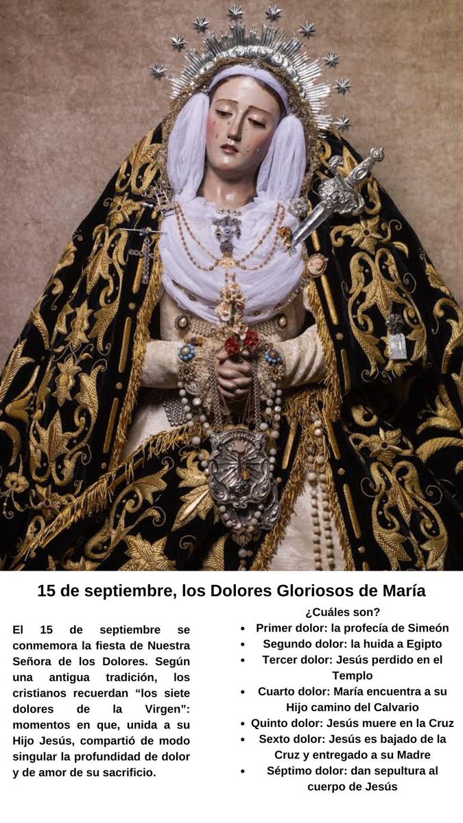 Hoy, 15 de Septiembre, la Iglesia celebra los Dolores Gloriosos de la Santísima Virgen María. 

Al pie de la cruz que ayer exaltábamos estaba María, dolorosa y sufriente como cualquier madre que ve morir a su hijo, con todo el dolor clavado en su corazón.
#CofradíasMLG
