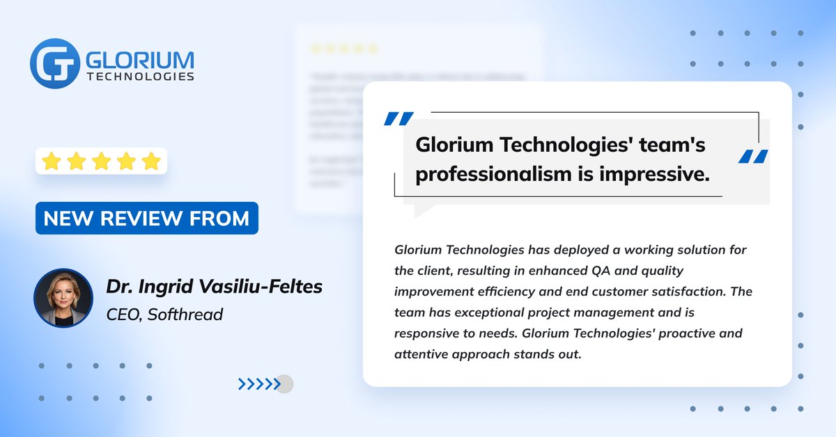 Glorium Technologies (@glorium_tech) on Twitter photo 💬 Another great milestone for our team!
We’ve just received a new 5-star review on Clutch from our healthcare client.
They praised our ability to combine strong technical expertise with clear, human communication — the foundation of every successful partnership.
🔎“The 💬 Another great milestone for our team!
We’ve just received a new 5-star review on Clutch from our healthcare client.
They praised our ability to combine strong technical expertise with clear, human communication — the foundation of every successful partnership.
🔎“The