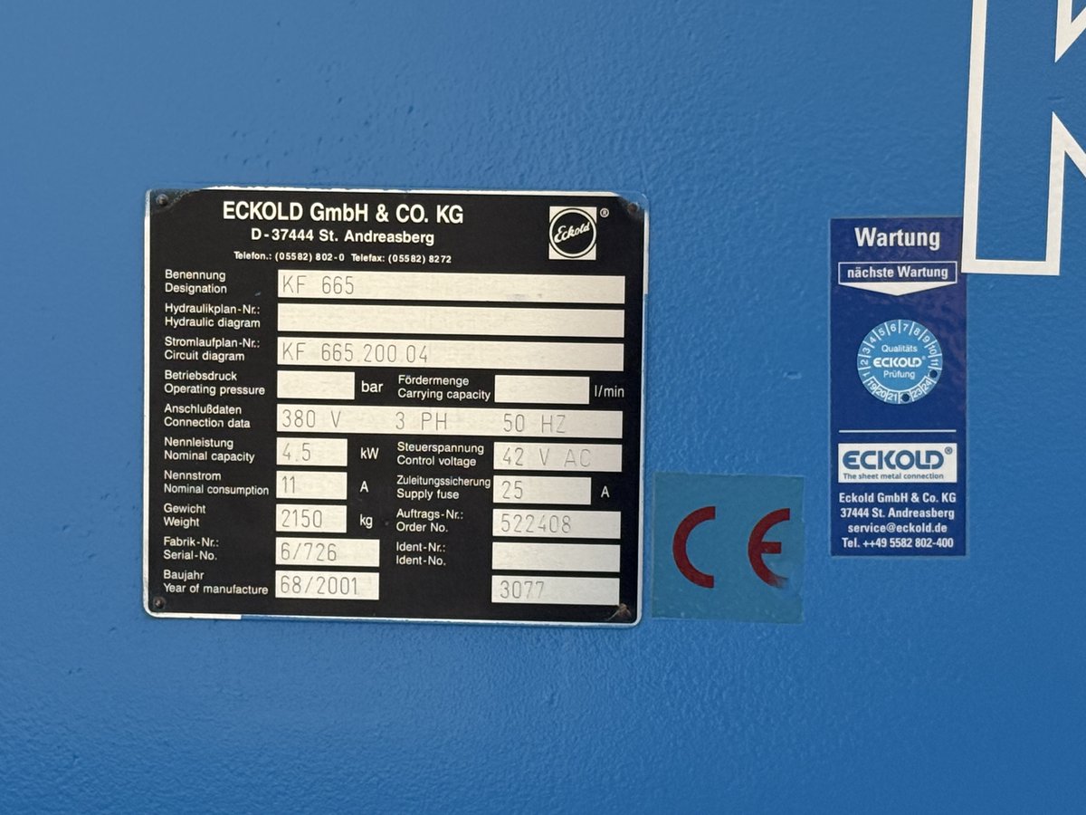 mach4metal's tweet image. ECKOLD Kraftformer KF 665
MACH-ID 9228 Bouwjaar 2001
Number of strokes 150 / 300 / 600Min.
Maximum sheet thickness:6.0mm
Horizontal troath 675mm
Vertical troath 450mm
Max. thickness Stainles:4.0mm
Max. thickness Aluminium:8.0mm
Motorised ram adjustment:0 - 80
Power 4.1kW
#eckold
