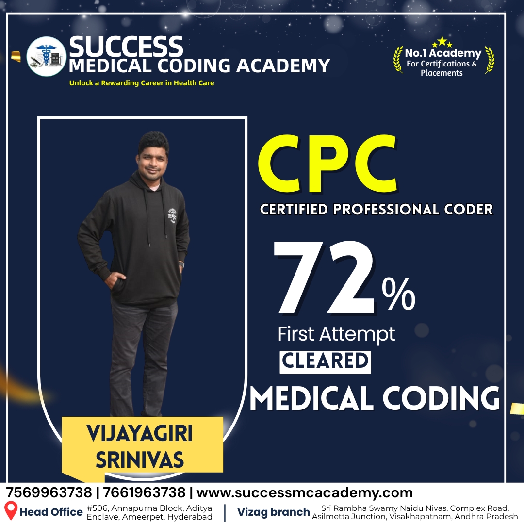 SuccessCoding's tweet image. Success Medical Coding Academy Proudly Congratulate Vijaya Giri Srinivas 

For Achieving an Excellent Score of 72% in CPC Exam Cleared In First Attempt

We are so Proud to have you as part of Our Success Medical Coding Academy!

#successmedicalcodingacademy #certifiedmedicalcoder