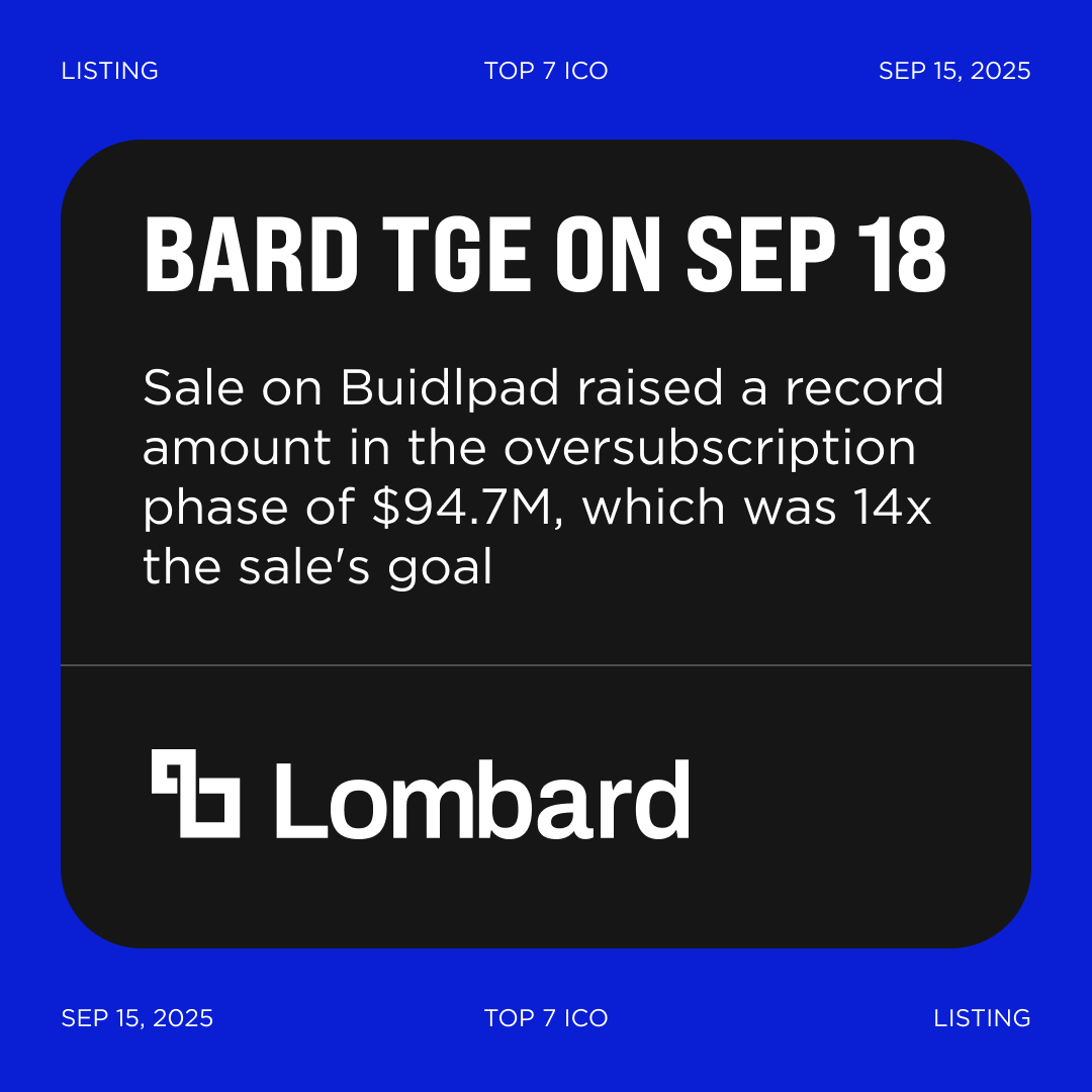 Lombard [BARD] announces TGE on September 18 @MEXC_Official announces $BARD  #TGE on September 18, at 11:00 UTC. Allocation amounted to $262 per user  (with a contribution of $5,000); #Lombard