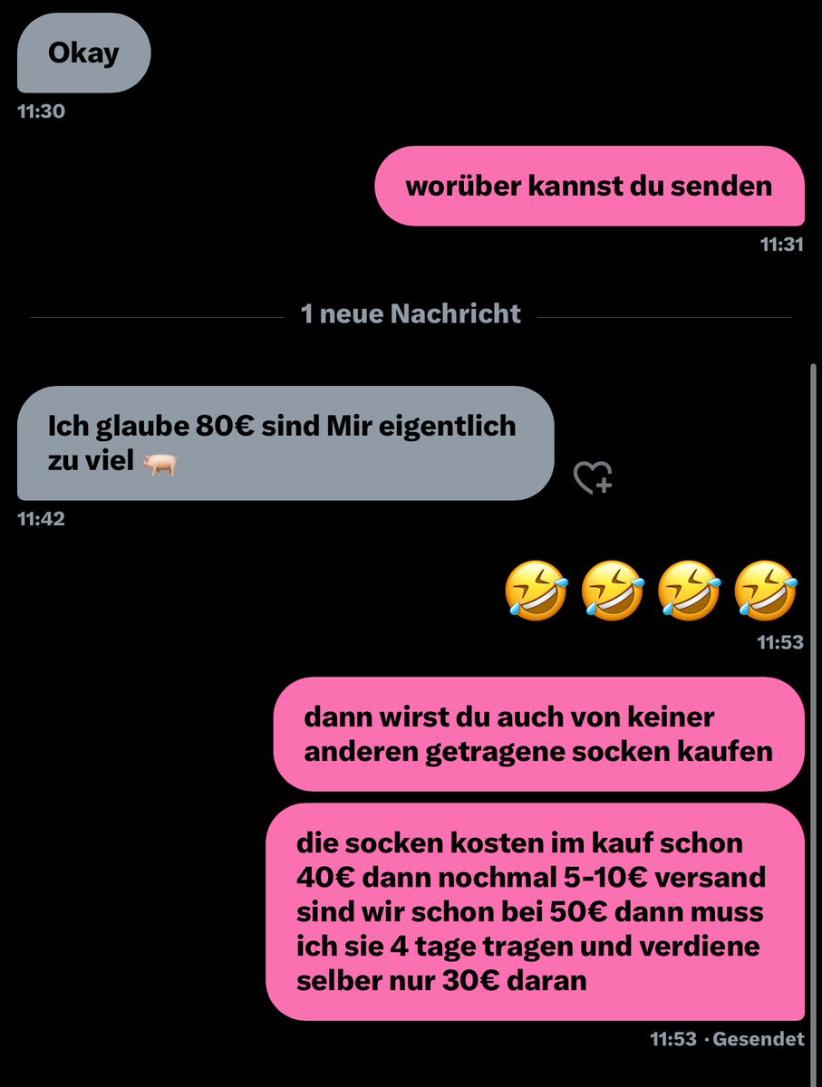 „Ich will getragene socken von ihnen kaufen“
Overknees von Nike 
Also jetzt mal ehrlich was stellt man sich da vor 🤣🤣🤣