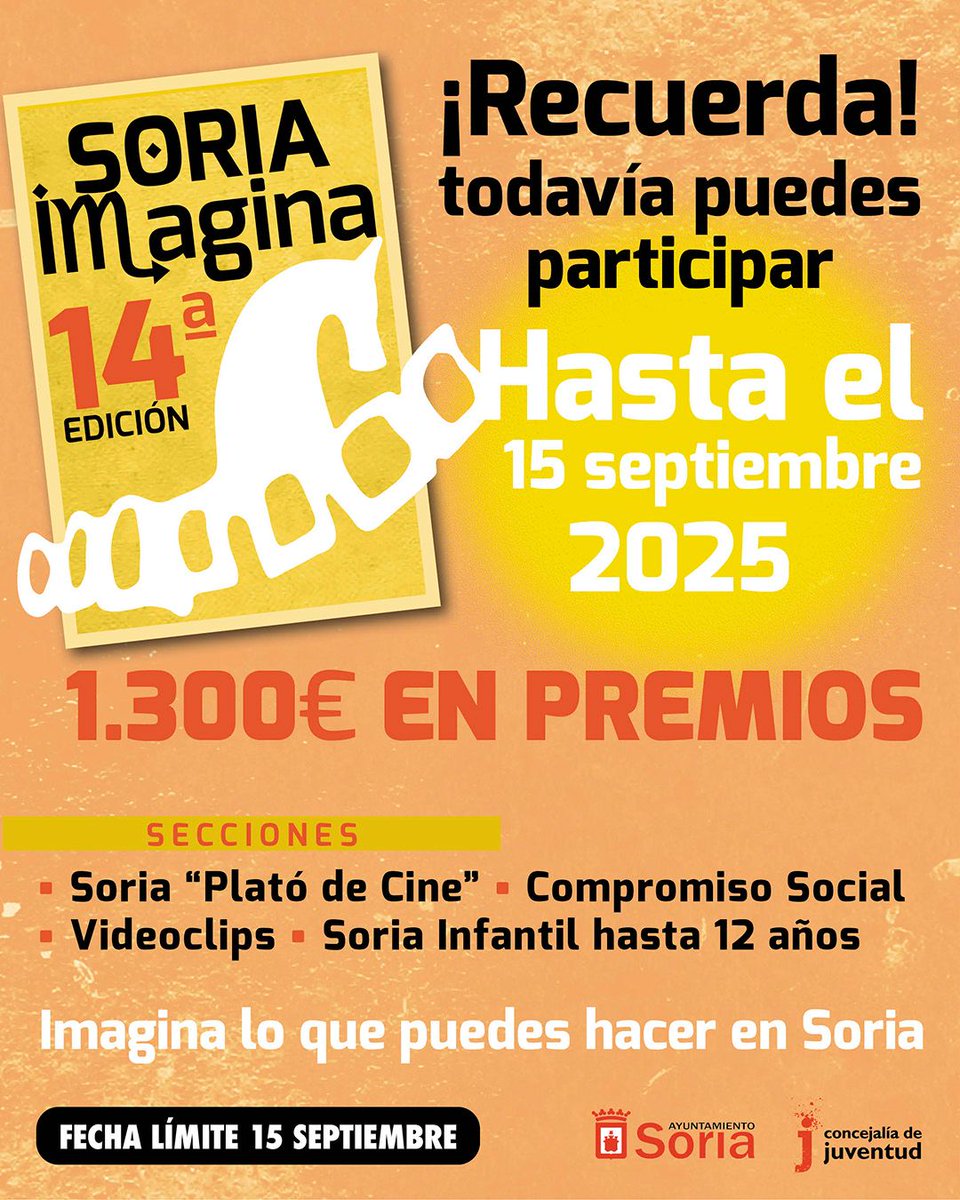 📣Ú𝐋𝐓𝐈𝐌𝐀 𝐋𝐋𝐀𝐌𝐀𝐃𝐀   para participar en #SoriaImagina #cortossoria25.  
Toda la  ℹ️bit.ly/4mx9yAK

Os esperamos  ¡¡¡

<a href="/cjuventudsoria/">Concejalía Juventud</a> <a href="/Ayto_Soria/">Ayuntamiento de Soria</a> 

#eligesoria #eligecine #eligecorto