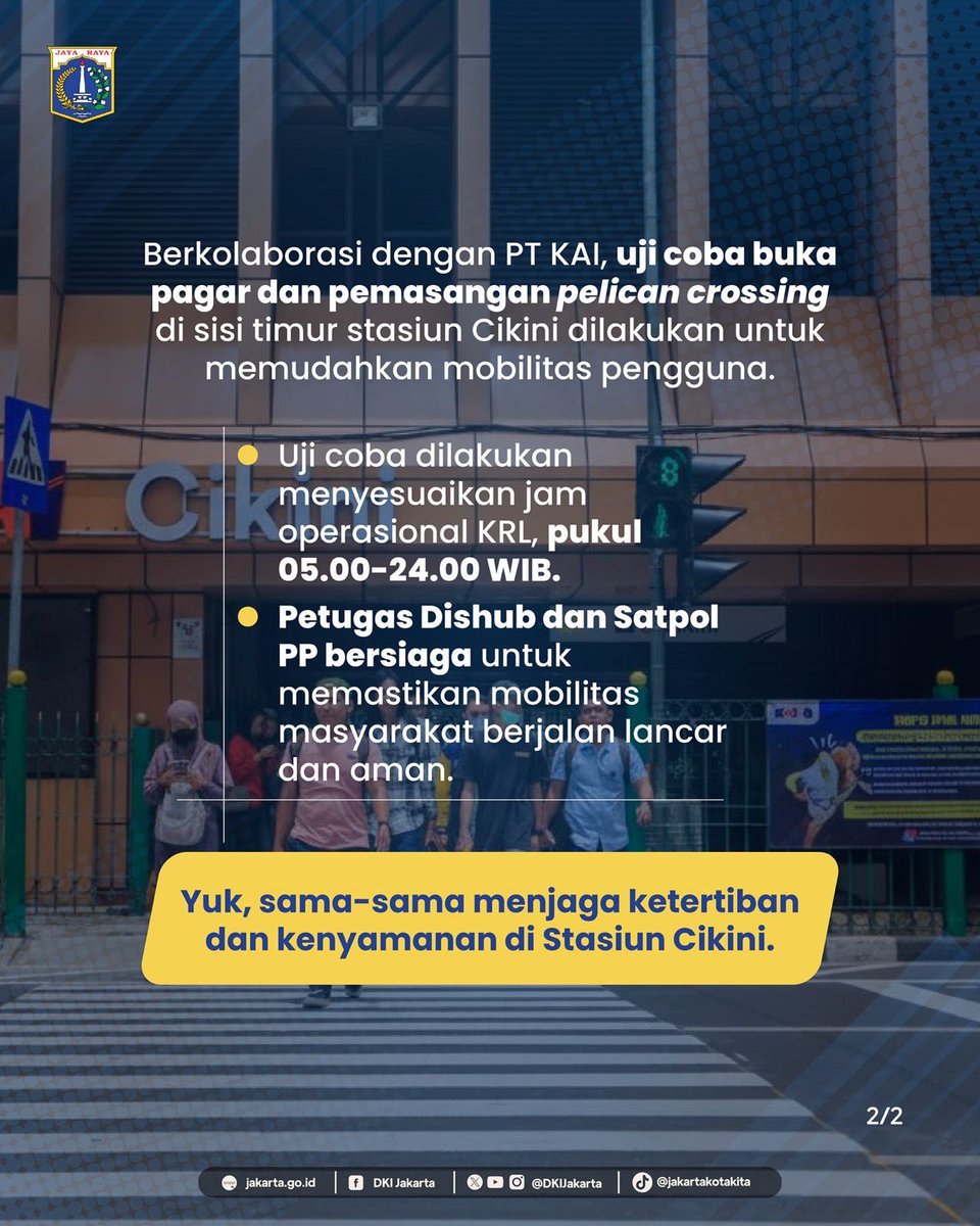 Kabar gembira untuk Warga Jakarta! Kini, akses masuk ke Stasiun KRL Cikini makin mudah, aman dan nyaman.

Pemprov DKI Jakarta berkolaborasi dengan PT KAI telah lakukan uji coba membuka pagar dan memasang pelican crossing pada sisi timur stasiun lho.

Hal ini dilakukan sebagai