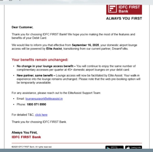 Naveenbhatca's tweet photo. Change in domestic airport lounge access by @IDFCFIRSTBank . Now access is powered by Elite assist. 
#ccgeeks https://t.co/bxLMkhM7g5
