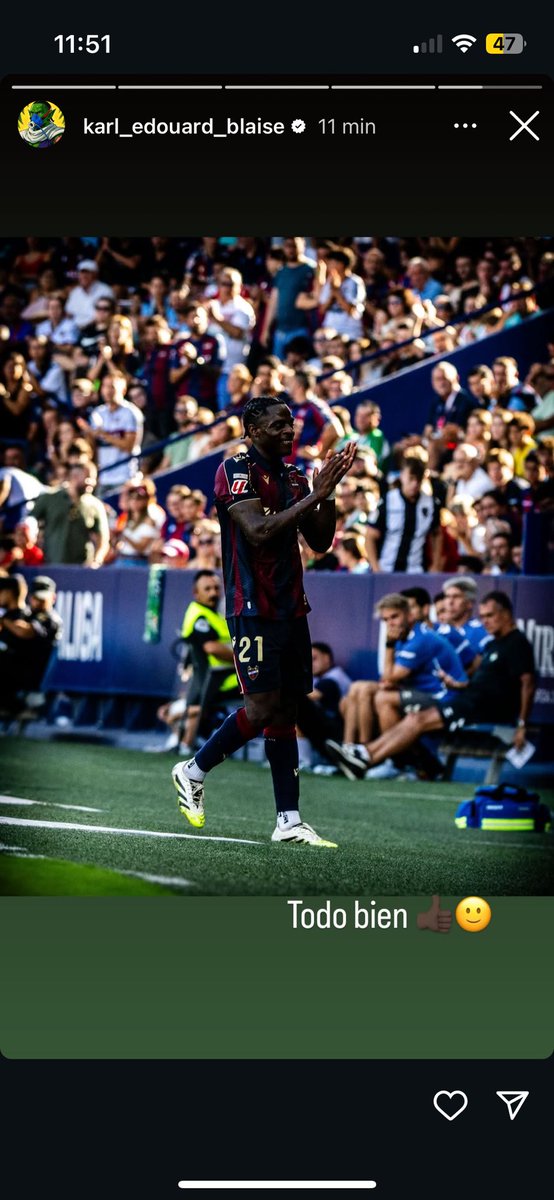 Etta Eyong nos confirma con un tajante mensaje que está todo bien.

Declaraciones: “Todo bien 👍🏿🙂”.