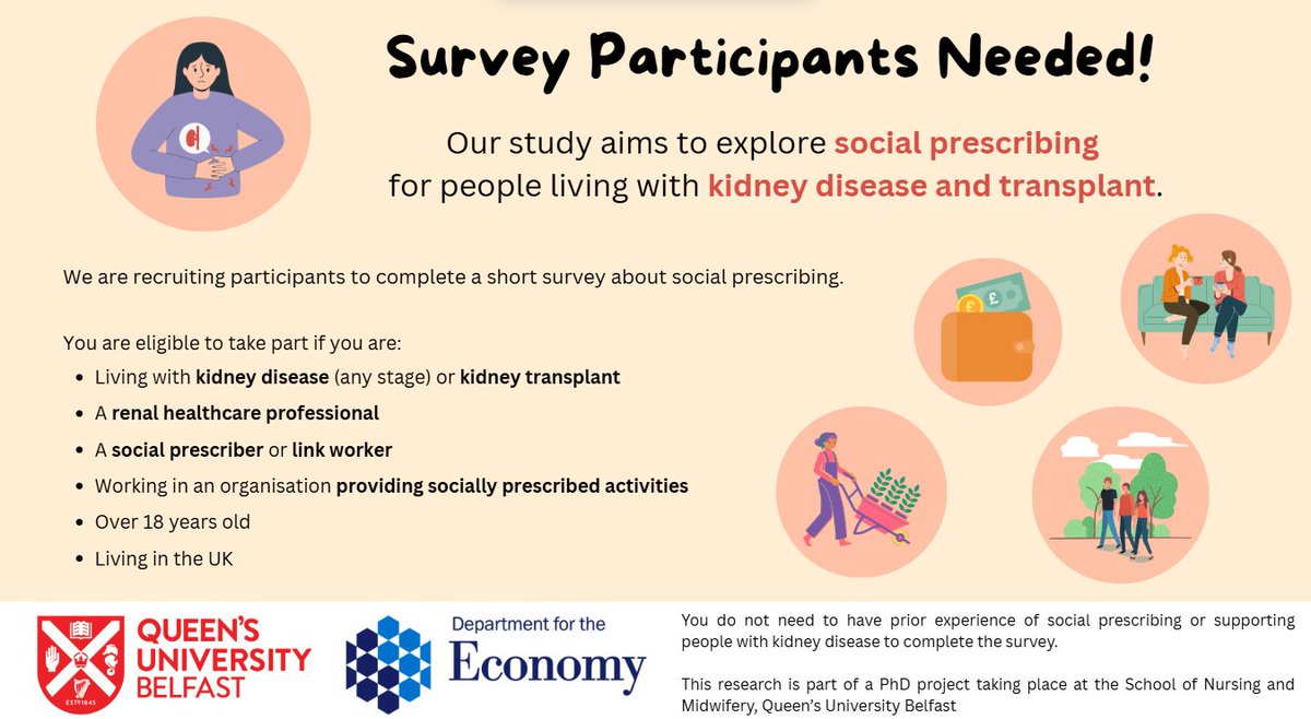 📢PhD Study <a href="/QUBSONM/">QUBNursing&Midwifery</a> 

We’re exploring #socialprescribing &amp; #kidneydisease. 

We’d love your input if you’re 18+, in the UK &amp; are: 
🫘living with kidney disease
👩‍⚕️a renal HCP
🔗a social prescriber
💁working in a community org

📝 10min survey: forms.office.com/e/GfvRKp18vP