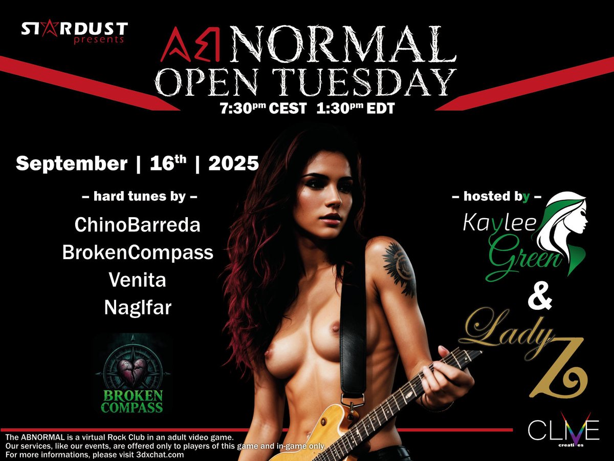 Abnormal3dx's tweet image. Join us this Tuesday as the amazing band Broken Compass debuts at Roses Howl.  Doors open at 7:30pm CEST. #Abnormal #Rock @Stardust3dx @3dxchat