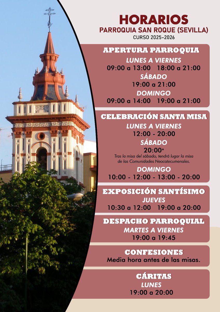 PSanRoqueSev's tweet photo. HORARIOS PARROQUIA DE SAN ROQUE
CURSO 2025-2026 | https://t.co/t3fEPcDMP1