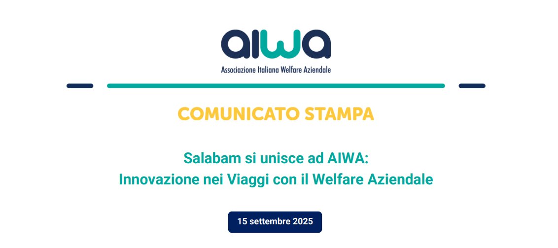 Benvenuto in #AIWA a #Salabam🚀

Siamo entusiasti di accogliere un pioniere nel settore dei #viaggi digitali. «𝐋𝐚 𝐥𝐨𝐫𝐨 𝐬𝐨𝐥𝐮𝐳𝐢𝐨𝐧𝐞 - commenta <a href="/EMassagli/">Emmanuele Massagli</a> - 𝐫𝐢𝐝𝐞𝐟𝐢𝐧𝐢𝐬𝐜𝐞 𝐢𝐥 𝐯𝐢𝐚𝐠𝐠𝐢𝐨 𝐧𝐞𝐥 𝐰𝐞𝐥𝐟𝐚𝐫𝐞» 

Qui il #Comunicato👇
aiwa.it/2025/09/salaba…