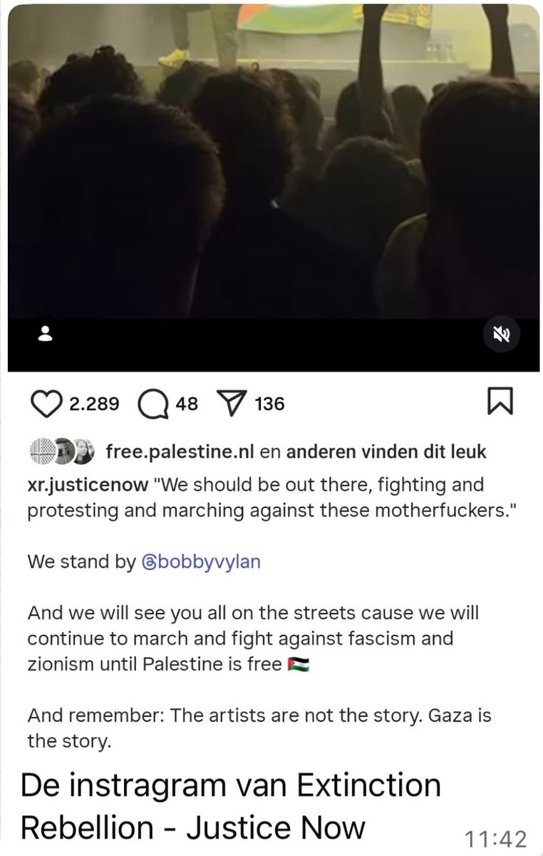 RonnyNaftaniel's tweet image. Dat het aanzetten tot haat en de opruiing (art 131 Sr) door #BobVylan onmiddellijk navolging krijgt, blijkt uit de Instagram accountant van #ExtinctionRebellion, geliked door #Amsterdam4Palestine. 
“We will see you in the streets and fight against Zionism”.
Gisteren gilde