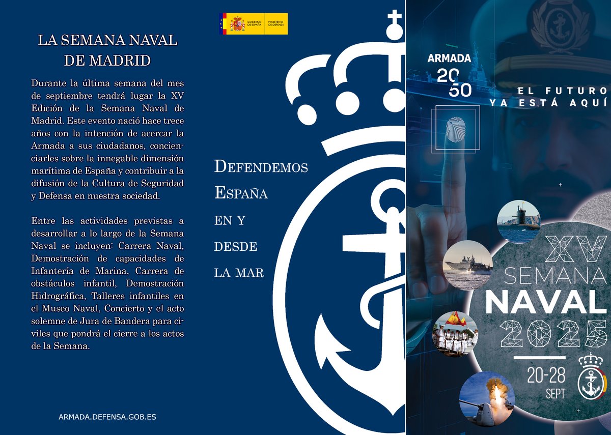 Armada_esp's tweet photo. 📅Del 20 al 28 de septiembre, #Madrid se convierte en el epicentro de la innovación, la historia y la tradición naval.

⚓🌊La Semana Naval 2025 llega con el lema: ‘Armada 2025: el futuro ya está aquí’.

Aquí tienes la  programación completa.

#SemanaNaval2025
#Armada2050 https://t.co/pnoW1SDqqM