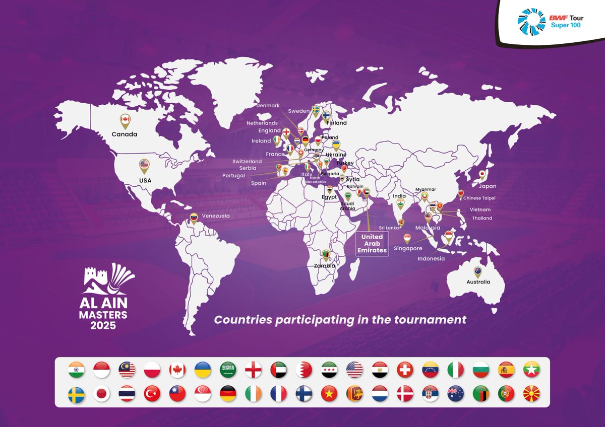 UaeBadminton's tweet photo. العالم يتجه نحو العين! 🌍  
نحو 300 نجم من 38 دولة يستعدون لخوض معركة التحدي في بطولة العين ماسترز 2025 – ملحمة رياضية عالمية تحتفي بالمهارة، الشغف، وروح الانتصار! https://t.co/nCtMH6zR5E