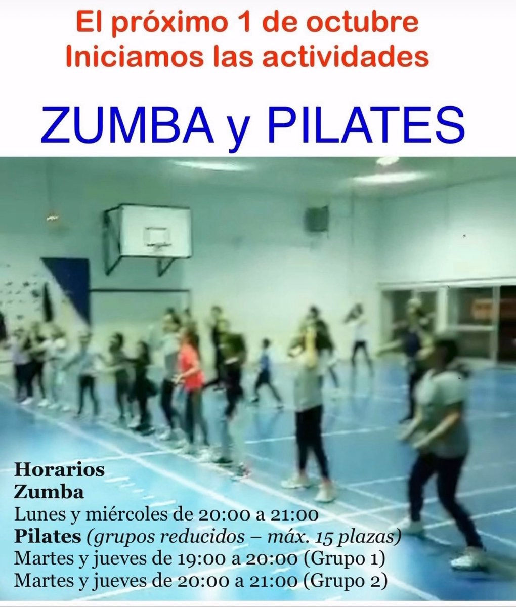 El AMPA te invita a nuestras
nuevas clases de Zumba y Pilates.
¡Descubre el poder de estos deportes! Mejora tu fuerza, flexibilidad y coordinación con Pilates, mientras que con Zumba liberas estrés, quemas calorías y te diviertes.
 Inscríbete
→ formulario en nuestra página web