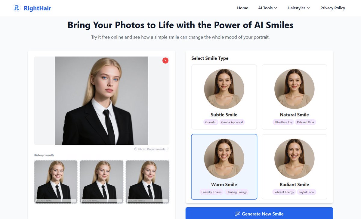 Yabancılarla ya da resmi yerlerde gülümsemek benim için hep zordu. 
Fotoğraflarda gülüşüm hep yapay ve donuk çıkıyordu.
Şimdi bu yapay zekâ sayesinde doğal bir gülümsemem var. ✨
Kimlik fotoğrafım bile artık çok daha samimi görünüyor — hem de ücretsiz! 🙌
righthair.ai/smile-filter/