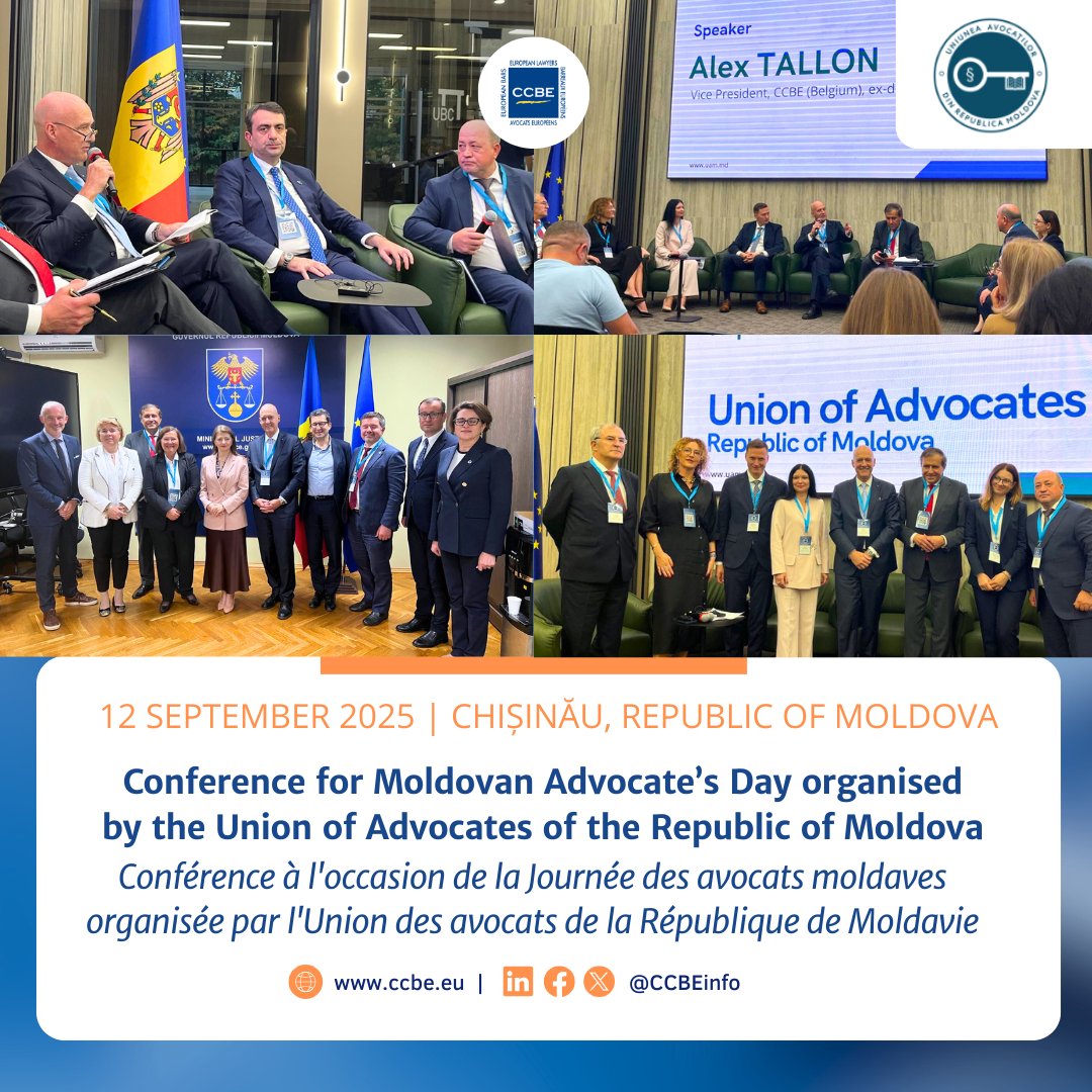 🗓️On 12 September 2025, CCBE Vice-President Alex Tallon attended Moldovan Advocate’s Day. 
💡The independence of bars was also discussed with Veronica Mihailov-Moraru, Minister for Justice, together with the Moldovan, French and Polish delegations.