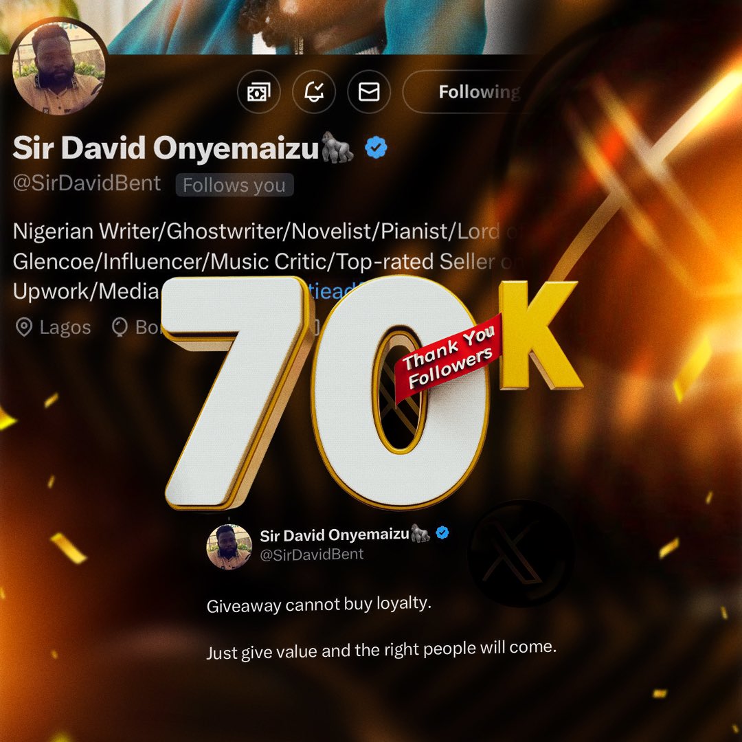 70k followers. 

I want to specially thank &amp; welcome every single person who deemed it fit to follow me. 

For those just following, shout-out &amp; growth is the least you will get from my page, but you will get it. 

Stick with me &amp; you'll enjoy maximum value. 

Thank you all.❤🙏