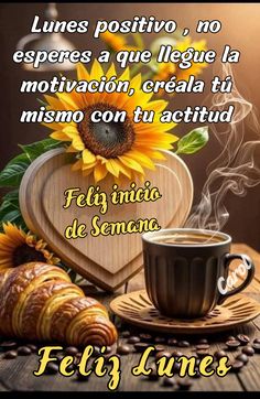 A wooden heart-shaped decoration with a sunflower. A cup of coffee with steam rising, placed on a saucer. Croissants on a plate next to the cup. A brown background with coffee beans scattered around.