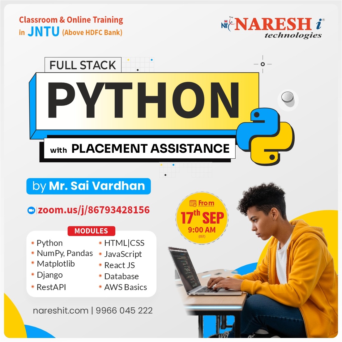 nareshitkphb's tweet image. Become a job-ready Full Stack Python Developer with placement assistance!
🔗Register: tr.ee/xnKnHz
By: Mr. Sai Vardhan | Classroom & Online at JNTU
🗓17th Sept | ⏰9:00 AM (IST)
zoom.us/j/86793428156
#NareshIT #FullStackPython #PythonTraining #CareerGrowth