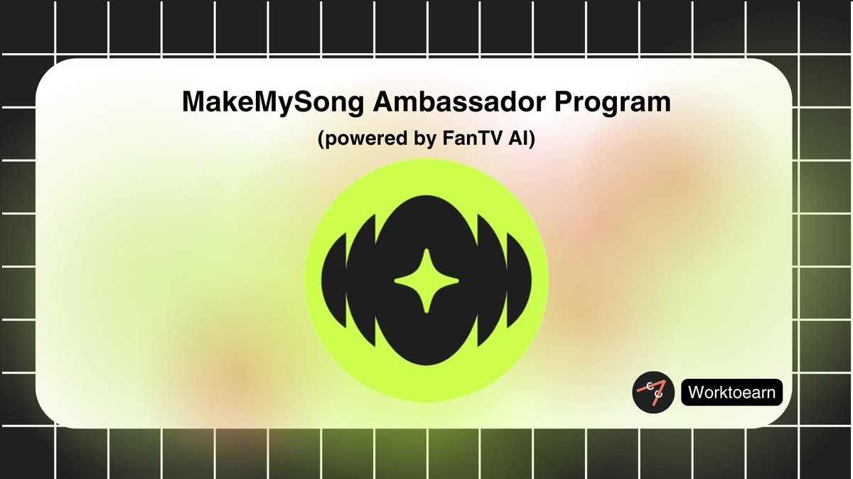 Work to Earn (@worktoearn_en) on Twitter photo MakeMySong Ambassador Program (powered by FanTV AI)
✨ Reward: $100 monthly
No musical experience required – just describe your vision and get instant, professional results from prompts or voice notes.
What You’ll Do:
- Create music on MakeMysong
- Create short-form videos MakeMySong Ambassador Program (powered by FanTV AI)
✨ Reward: $100 monthly
No musical experience required – just describe your vision and get instant, professional results from prompts or voice notes.
What You’ll Do:
- Create music on MakeMysong
- Create short-form videos