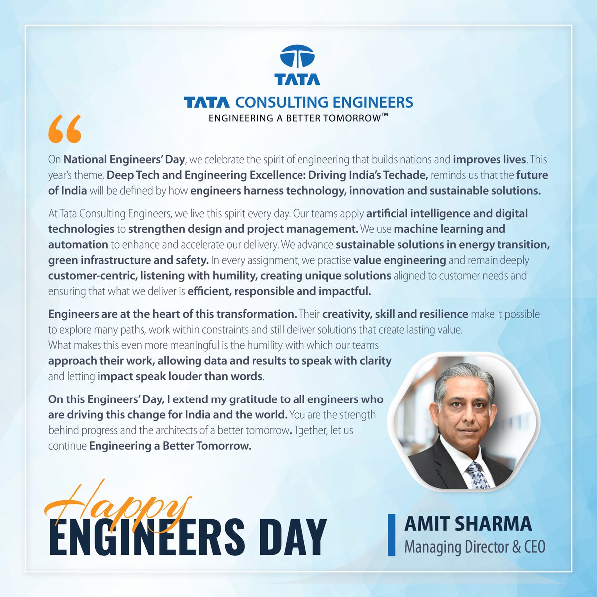 TCEConnect's tweet image. On this National Engineers’ Day, we honour the legacy of Sir M. Visvesvaraya and celebrate the engineers who build nations and improve lives.

This year’s theme, “Deep Tech and Engineering Excellence: Driving India’s Techade,” reflects how the future will be shaped by harnessing…