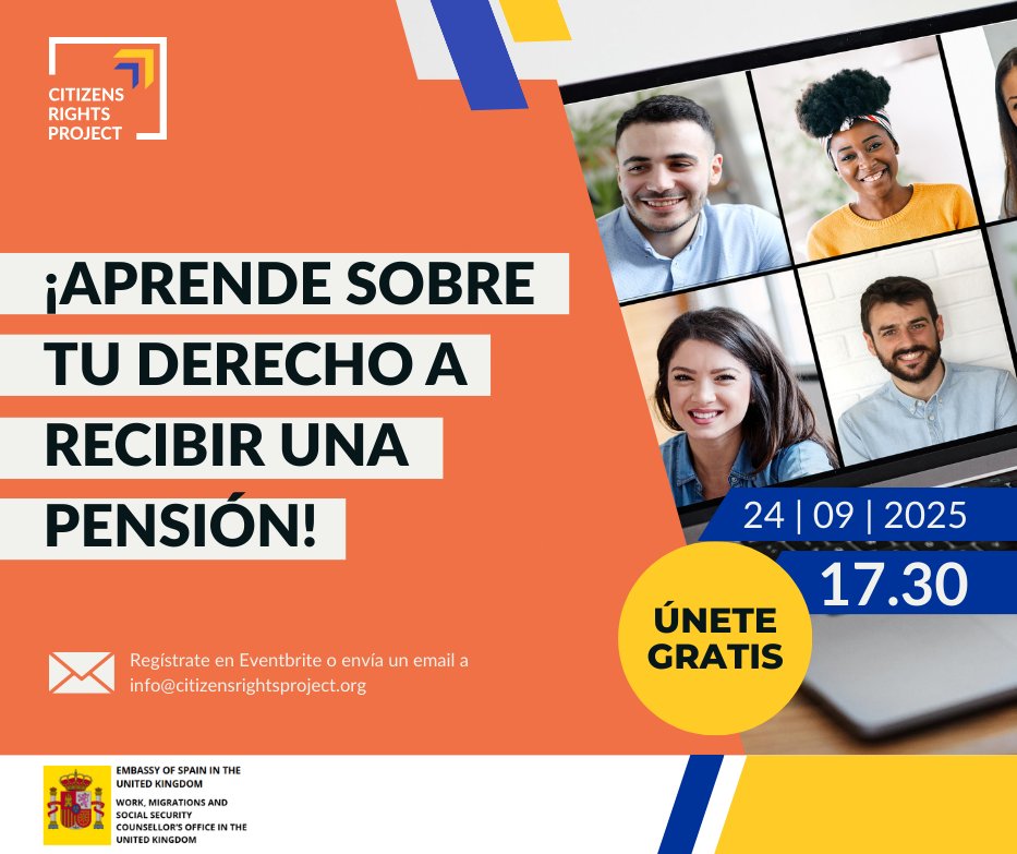 SESIÓN INFORMATIVA SOBRE PENSIONES 🇪🇸 🇬🇧
¿Has trabajado tanto en España como en el Reino Unido? ¡Aprende sobre tu derecho a recibir una pensión en estos países!
✍️ Inscripción ➡️ t.ly/VKx_W
📅 24/09/2025
🕠 5:30PM 
<a href="/CitzRights/">Citizens' Rights Project</a> 
 #EspañolesenReinoUnido