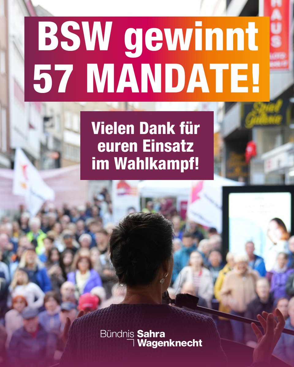 Das #BSW hat in Nordrhein-Westfalen 57 Mandate errungen! In 44 Kreisen, Städten und Gemeinden zuzüglich etlicher Bezirksvertretungsmandate werden wir uns in den kommenden Jahren für bezahlbaren #Wohnraum, bessere #Bildungschancen und mehr Ärzte &amp; Jobs einsetzen. Vielen Dank für