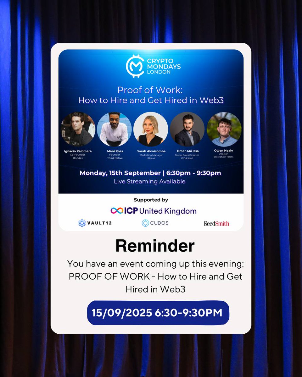 CML_LDN's tweet image. London! It’s another Monday and you know what that means. CryptoMondays London will be LIVE tonight.

And guess what we’re talking about?
Proof of Work: How to Hire &amp;amp; Get Hired in Web3.

We’re breaking down:
✔️ Proof of work &amp;gt; CVs
✔️ Culture fit &amp;gt; buzzwords
✔️ Lightweight tasks &amp;gt;…