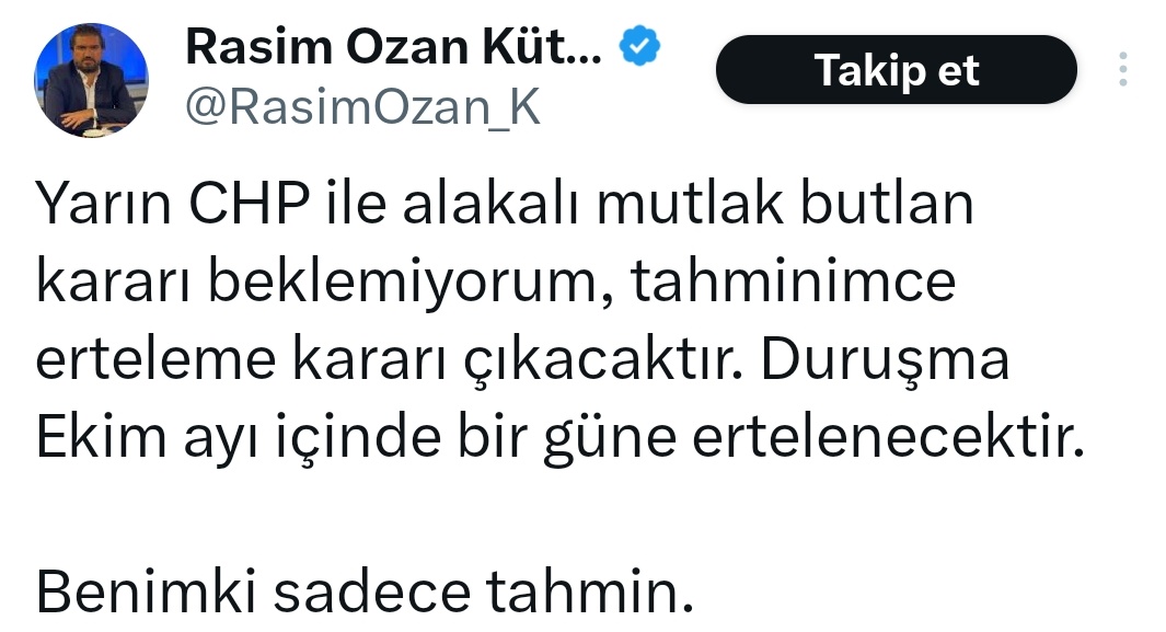 Rasim Ozan Kütahyalı bu sabah görülen davanın sonucunu dün paylaştı.