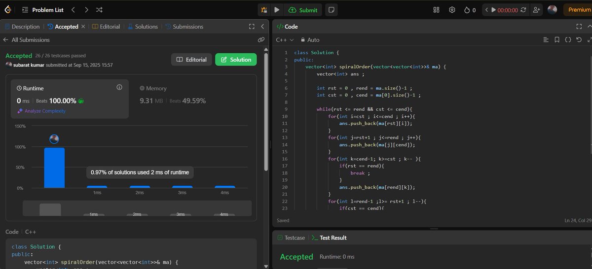 subarat69's tweet image. Day 40 – DSA Journey 🚀
Today I solved the Spiral Matrix Traversal problem. 🌀
Learned how to handle matrix boundaries and move in layers.
It was really fun and improved my problem-solving with 2D arrays. 💡
#100DaysOfCode #DSA #SpiralMatrix #CodingJourney