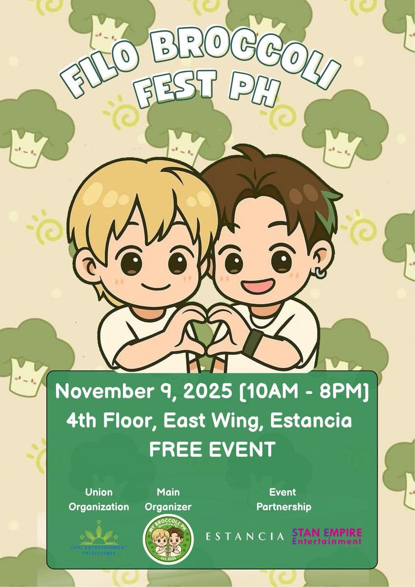 mybroccoliph's tweet image. 🥦✨ Calling all Filo Broccolis! ✨🥦
Join us for a day full of fun, bonding, and love for BounPrem 💚
📅 Date: November 9, 2025
🕙 Time: 10:00 AM – 8:00 PM
📍 Place: 4th Floor, East Wing, Estancia
💸 FREE EVENT!

Hosted by My Broccoli Ph (BounPrem FC) 💚