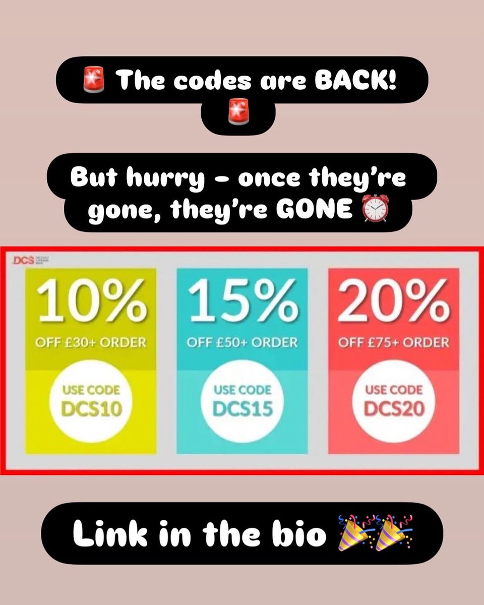 🚨 The codes are BACK! 🚨
But hurry – once they’re gone, they’re GONE ⏰
✨ Spend £30+ → Use DCS10 for 10% OFF
✨ Spend £50+ → Use DCS15 for 15% OFF
✨ Spend £75+ → Use DCS20 for 20% OFF
💥 The bigger your basket, the bigger your savings!