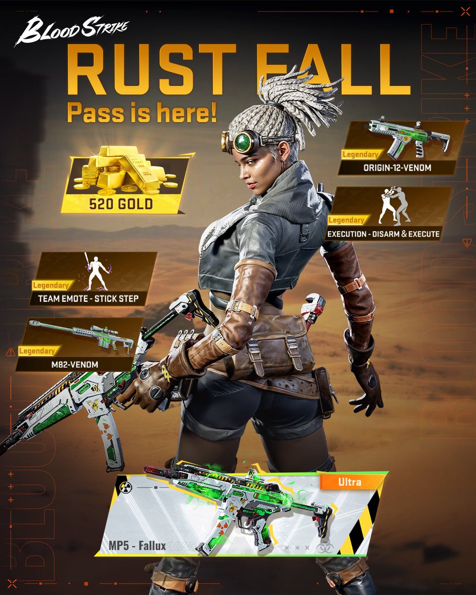 bloodstrike_EN's tweet photo. The "Rust Fall" Strike Pass has arrived.
Unlock the brand new M82 weapon for FREE, and upgrade your pass to get the Ultra Kainda "Fallout Gear" skin, the Ultra MP5 "Fallux" skin, Gold Bars, and much more.
Check it out in-game now!
#BloodStrike #BS #MythicPatch https://t.co/KsDbgAe72O