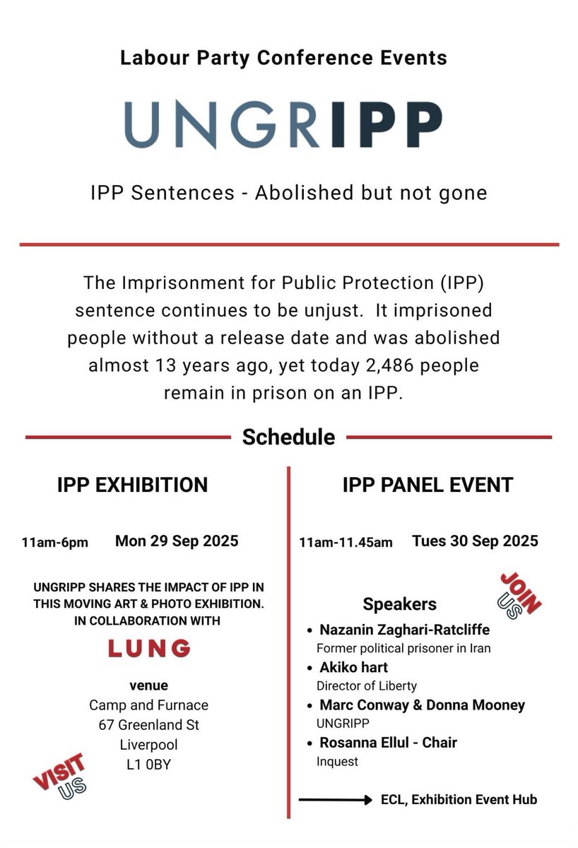 UNGRIPP's tweet photo. On 29th &amp; 30th September, UNGRIPP have events at the Labour conference

It’s another opportunity to raise IPP with MPs.  If you have a Labour MP please send them this flyer &amp; ask them to come by to find out about IPP &amp; why more change is needed

You can also tag them in this post https://t.co/dg8CelOU5L