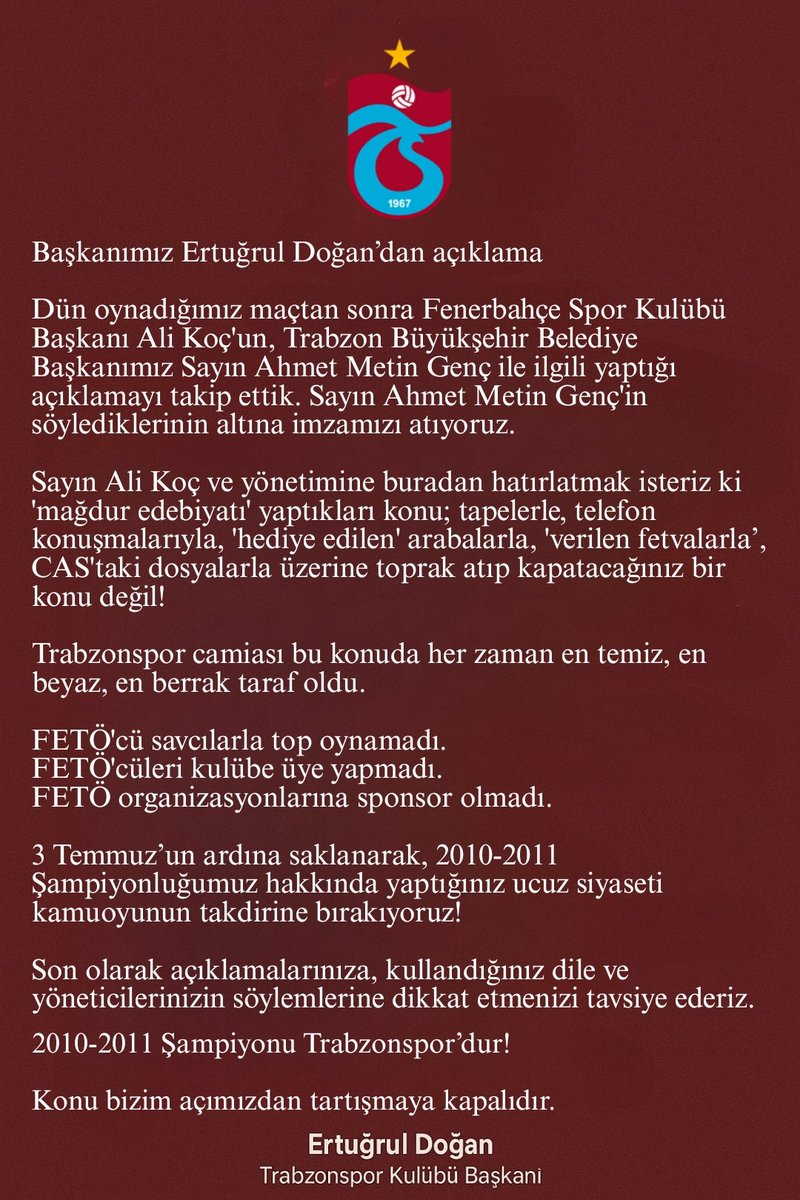 Trabzonspor başkanı Ertuğrul Doğan, Fenerbahçe başkanı Ali Koç'a sağlam cevap vermiş. Asıl öne çıkması gereken cümlelerin de altını çizelim!

"FETÖ'cü savcılarla top oynamadı.
FETÖ'cüleri kulübe üye yapmadı.
FETÖ organizasyonlarına sponsor olmadı." Bu camia hala neden kollanır?