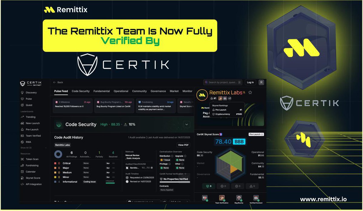 🚨🚨 THE REMITTIX TEAM IS NOW VERIFIED BY CERTIK 🚨🚨

We’re proud to announce that the Remittix team is now fully VERIFIED by CertiK - the world’s most trusted name in blockchain security. 🔒✅

And it doesn’t stop there…

🔥🔥🔥🔥🔥🔥🔥🔥🔥🔥🔥🔥🔥🔥🔥🔥

Remittix is