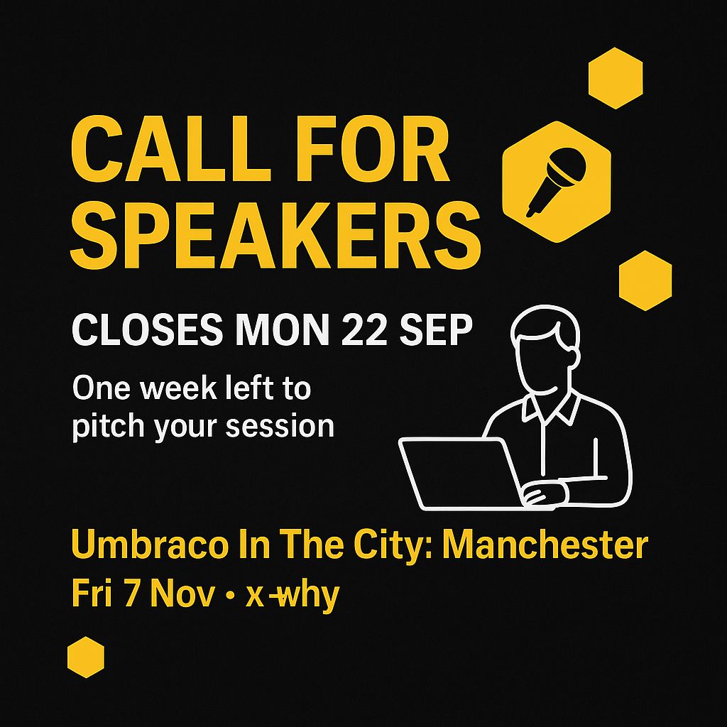 umbraco's tweet image. 🎤 Call for Speakers closes Mon 22 Sep. One week to pitch your session for Umbraco In The City: Manchester, happening on Fri 7 Nov.
Submit now ➜ sessionize.com/umbraco-in-the…
#Umbraco #ManchesterTech #CFS