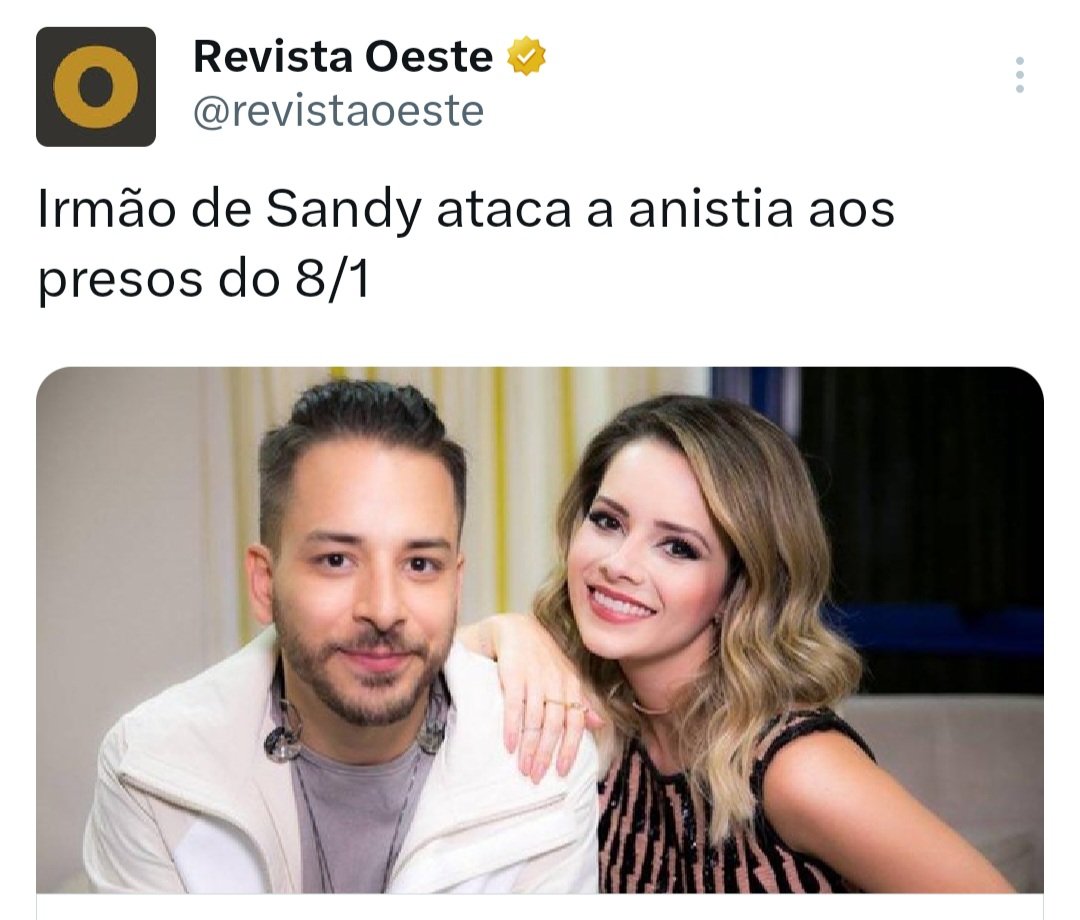 Paulo de Tarso (@paulodetarsog) on Twitter photo Depois do "namorado da Fátima Bernardes" temos o "irmão da Sandy".
Sensacional, <a href="/revistaoeste/">Revista Oeste</a> Depois do "namorado da Fátima Bernardes" temos o "irmão da Sandy".
Sensacional, <a href="/revistaoeste/">Revista Oeste</a>