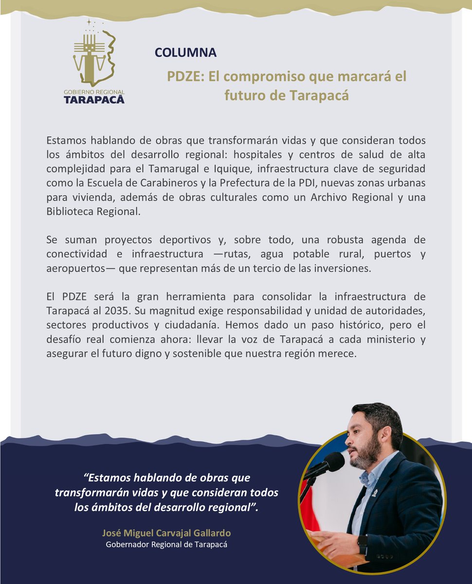 Gore_Tarapaca's tweet photo. #ColumnaDeOpinión 🗣️

Te invitamos a leer la columna de opinión del Gobernador José Miguel Carvajal, "#PDZE: El compromiso que marcará el futuro de #Tarapacá".

Puedes revisarla en la edición de hoy de @laestrellaiqq o deslizar las siguentes láminas. 🗞️➡️

#GobernandoDesdeLosTerritorios #Iquique #AltoHospicio #PozoAlmonte #Pica #Huara #Camiña #Colchane