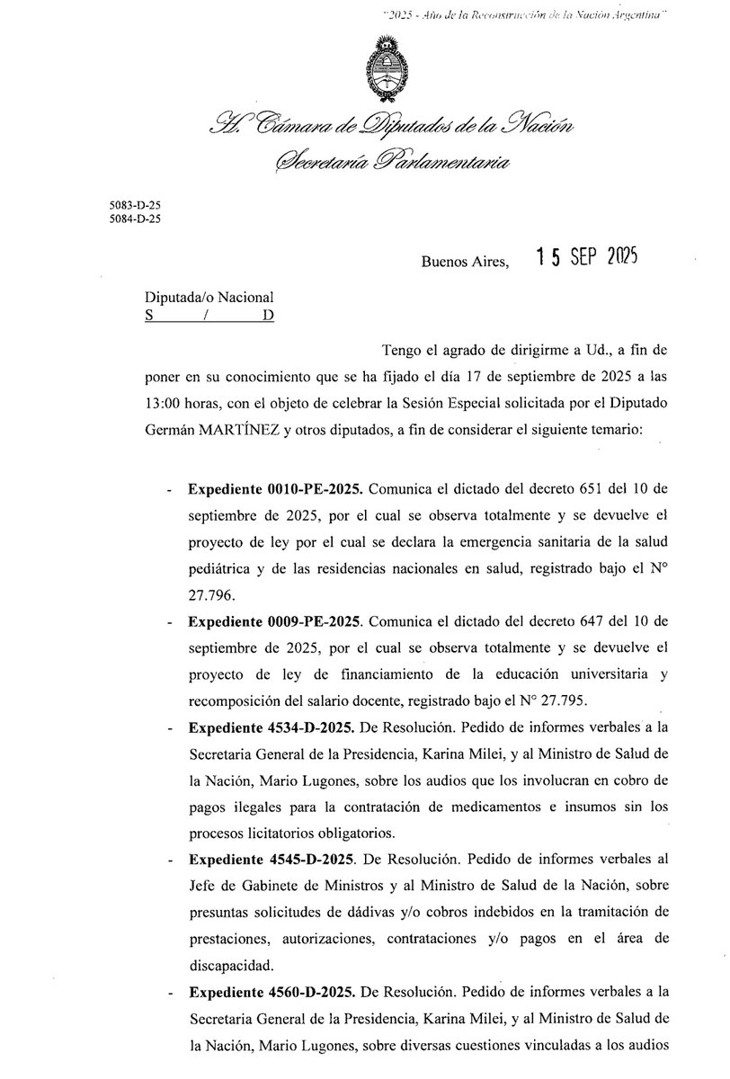 🚨#AHORA | Diputados oficializan la Sesión especial del miércoles 17 

📌Los temas principales son la Emergencia para el Garrahan y Financiamiento Universitario