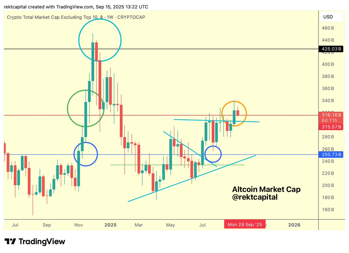 A chart displaying the Altcoin Market Cap over time, with candlestick patterns and trendlines. Green, red, and blue circles highlight specific price points and movements. A light blue trendline and a diagonal upward line are visible. Text overlays include "Altcoin Market Cap @rektcapital" and numerical values like "315bn" and dates from 2025 to 2026. A watermark reads "TradingView".