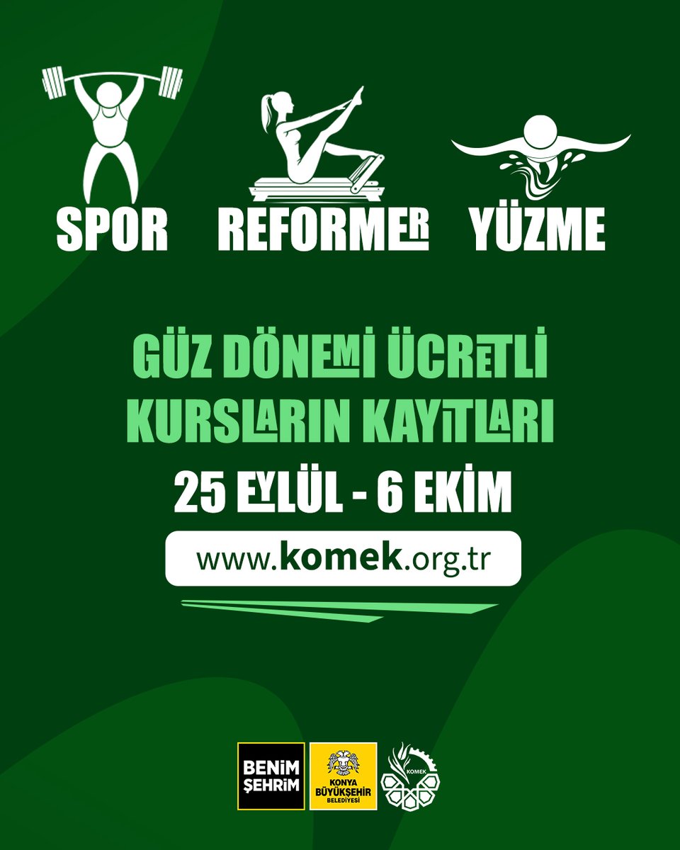 💪 Güz Döneminde Spor Zamanı!
KOMEK ve ASEM'lerde spor, reformer pilates ve yüzme gibi ücretli kurslar için kayıt dönemi yaklaşıyor!
📅 Kayıtlar: 25 Eylül – 6 Ekim 2025
🌐 Kayıt ve detaylar: komek.org.tr

#benimşehrim #uğuribrahimaltay #konya #komekkonya