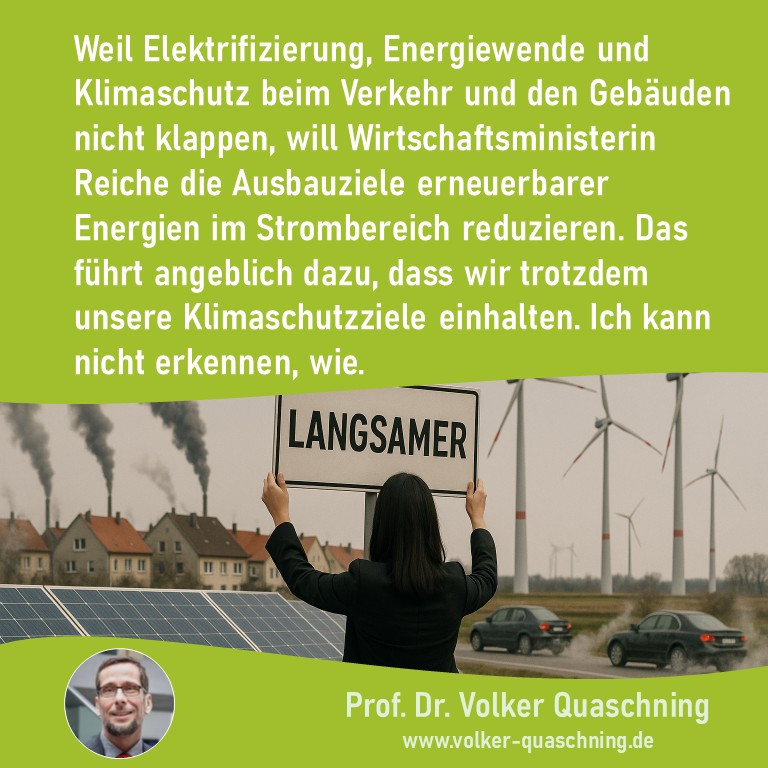 Weil #Verkehr und Gebäude beim #Klimaschutz versagen und darum weniger Strom brauchen, will Ministerin Reiche nun die Ausbauziele für #Erneuerbare im #Stromsektor senken. Angeblich sollen die #Klimaschutzziele trotzdem noch klappen. Ich kann nicht erkennen, wie.