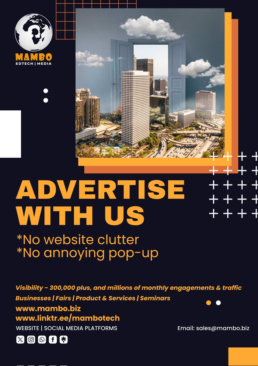 GET VISIBILITY, ADVERTISE WITH MAMBO

#Advertise with Mambo, no Google ads, no annoying pop-ups. We #value your experience when you engage with our website.

#Ads on our website will also have tremendous #visibility via our growing social media platforms. 

Inquiries: