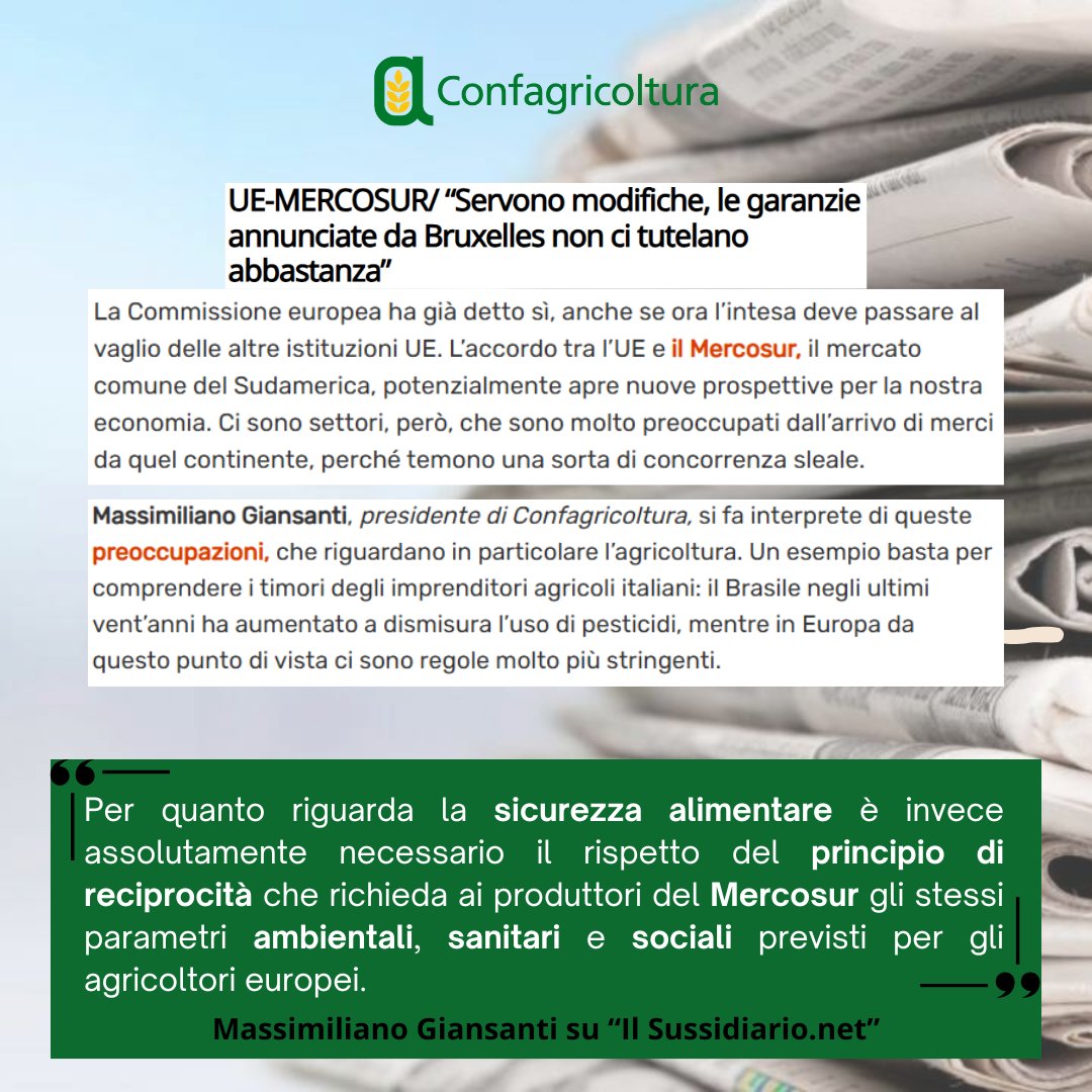 🇪🇺🤝🌎 Accordo UE-Mercosur

📌 “L’intesa va a colpire quello che il settore primario italiano ed europeo ha costruito negli anni: elevati standard qualitativi e una sostenibilità che non ha eguali”.

🛑 “Riguardo alla sicurezza alimentare, gli standard attuali delle misure