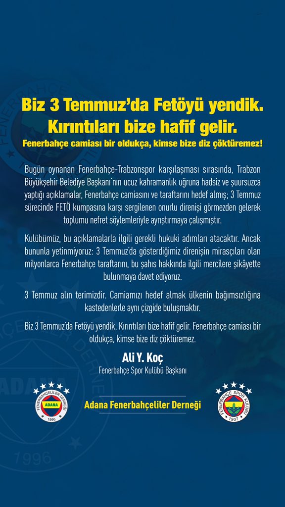 Biz 3 Temmuz’da Fetöyü yendik. Kırıntıları bize hafif gelir. Fenerbahçe camiası bir oldukça, kimse bize diz çöktüremez.
.
#adanafenerbahçelilerderneği