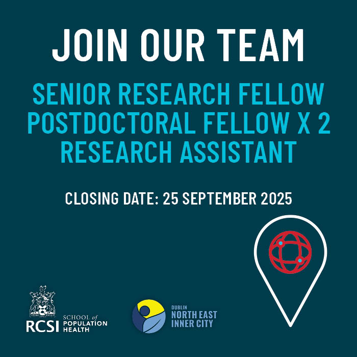 We're recruiting a research team to work on an <a href="/NEIC_Dublin/">NEIC</a> taskforce-funded partnership w/ <a href="/RCSI_Irl/">RCSI</a> to deliver a comprehensive population health needs assessment of the Dublin North East Inner City. The team will be led by Prof <a href="/BredaSmyth4/">Professor Breda Smyth</a> &amp; will comprise a snr research fellow