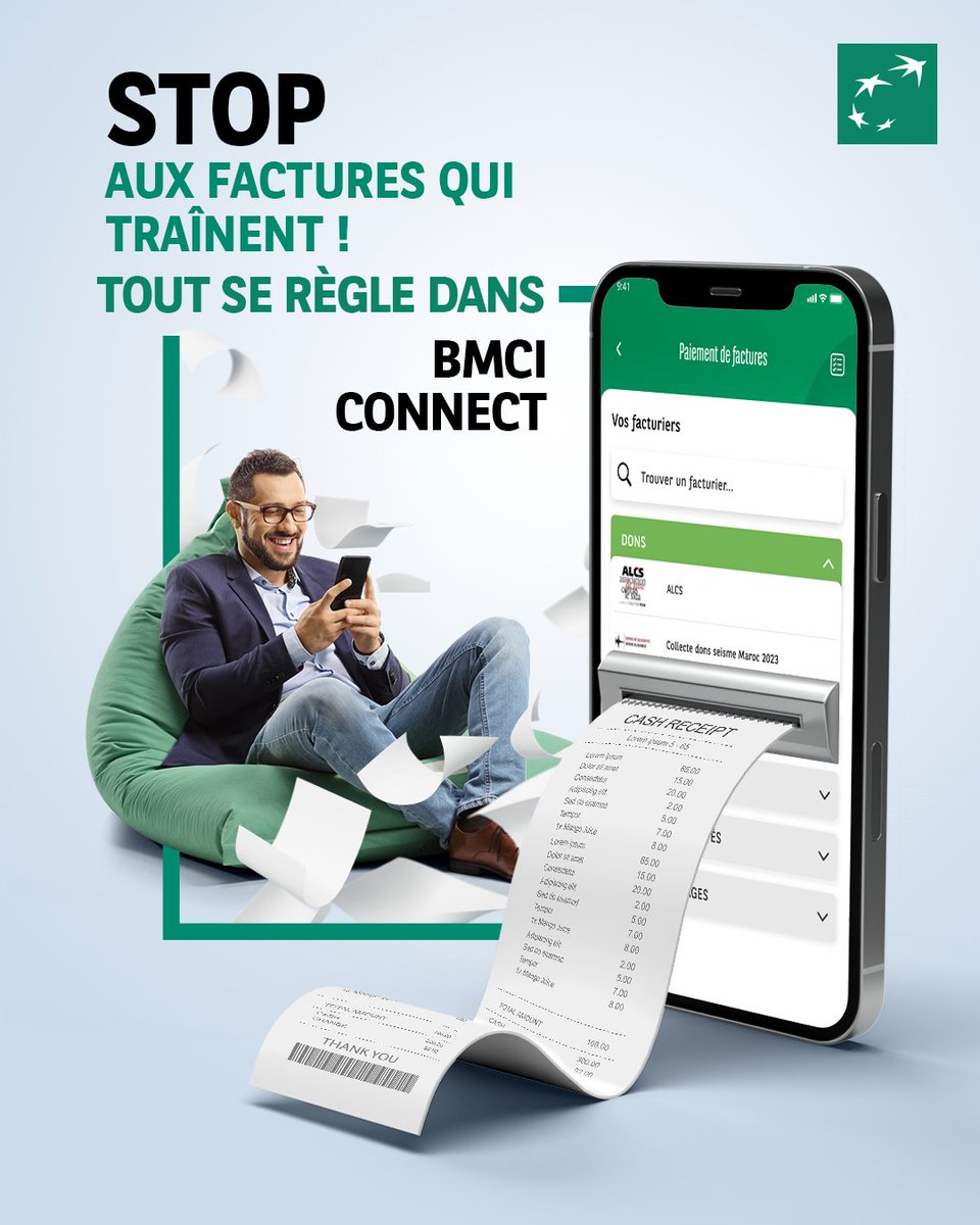 Eau, électricité, scolarité, achats en ligne… 📲

Avec BMCI Connect, retrouvez vos facturiers dans Paiement de factures.

Simplifiez vos paiements, restez à jour sans effort ✨

#BmciGroupeBNPParibas #BMCI_Connect #Factures #Paiement_Mobile