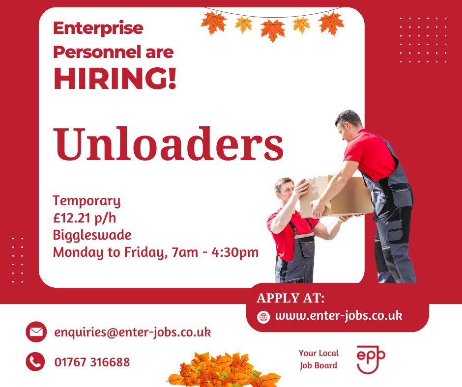 EnterJobs's tweet image. Enterprise Personnel&apos;s client is looking for Unloaders to join their team in Biggleswade.
Apply now via our website! 

#WarehouseJobs #warehousework #tempwork #tempworkers #Unloaders #unloadingcontainers #unloading #stockcontrol #StockManagement #biggleswade #bedfordshire